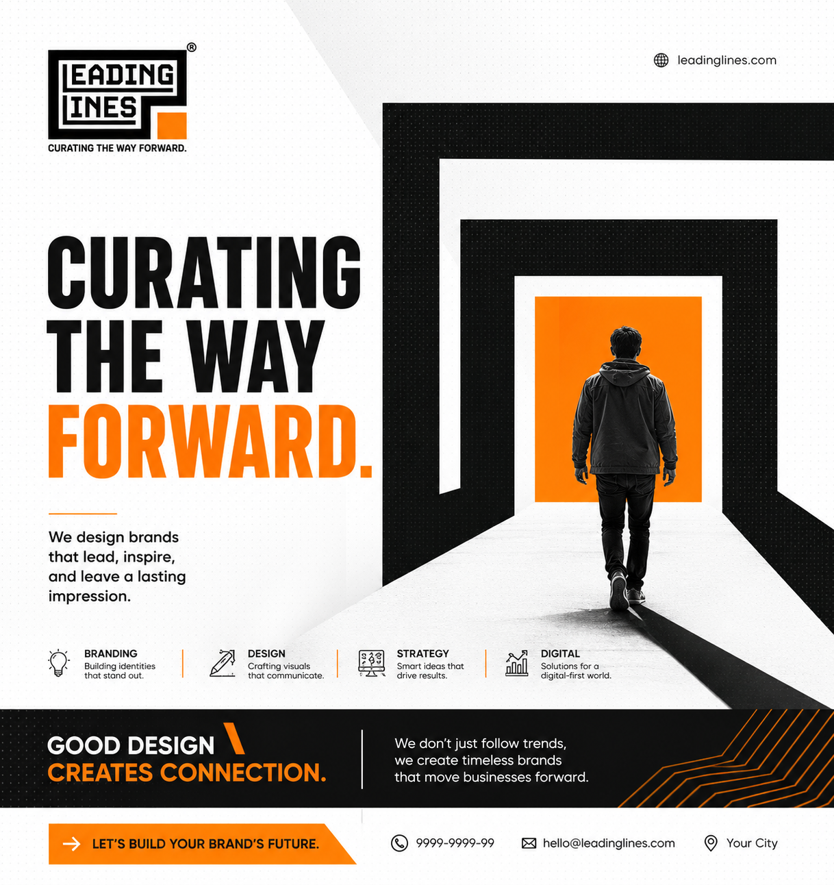 Black, white and orange Leading Lines poster with a figure walking through architectural frames.